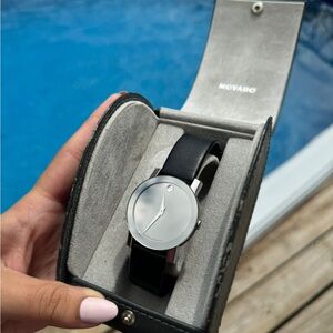 Movado Black Leather Strap Watch